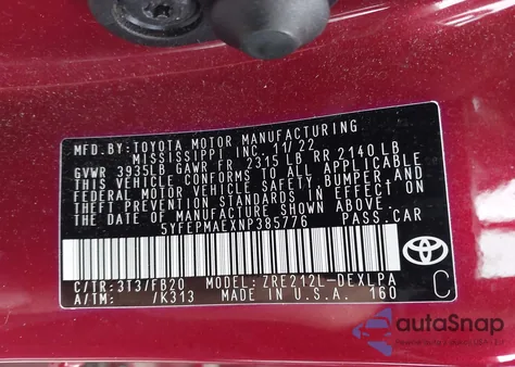 2022 Toyota Corolla Le из США, поврежденный, VIN 5YFEPMAEXNP385776